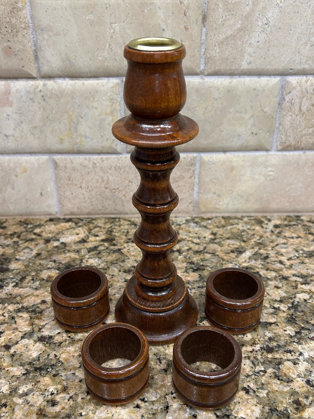 Vintage Carved Wood Candlestick Holder With Four Napkin Holders built in